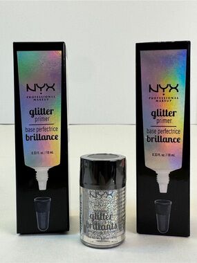 NYX Glitter Primer Lot of 2 + NYX Face & Body Loose Glitter Holographic Silver
